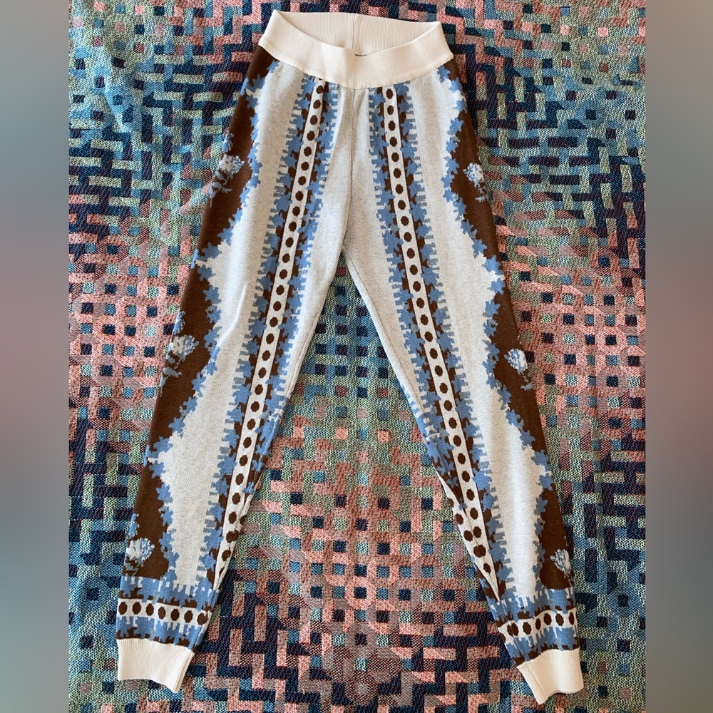 Free People Patterned Sweater Knit Pants Size Medium Brown Cream and Blue